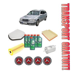 Set Pachet filtre revizie Bosch, 6 litrii ulei Castrol 10W40 MERCEDES-BENZ C-CLASS T-Model (S202) C 200 T Kompressor (202.087) din 2000-2001, 4x Stickere auto cu MERCEDES-BENZ