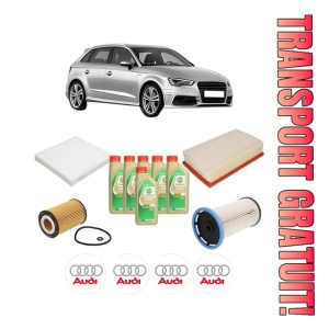 Set Pachet filtre revizie Bosch, 6 litrii ulei Castrol 5W30 AUDI A3 Sportback (8VA, 8VF) 2.0 TDI din 2013-2020, 4x Stickere auto cu AUDI