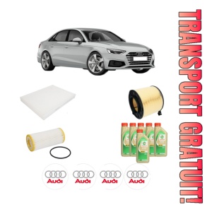 Set Pachet filtre revizie Bosch, 6 litrii ulei Castrol 5W30 AUDI A5 Sportback (F5A, F5F) 2.0 TFSI quattro din 2016, 4x Stickere auto cu AUDI