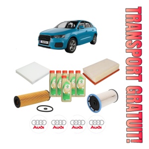 Set Pachet filtre revizie Bosch, 6 litrii ulei Castrol 5W30 AUDI Q3 (F3B) 35 TDI din 2018, 4x Stickere auto cu AUDI