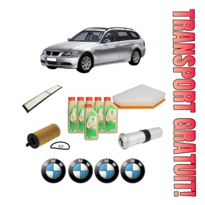 Set Pachet filtre revizie Bosch, 6 litrii ulei Castrol 5W30 BMW Seria 3 Touring (E91) 318 d din 2007-2012, 4x Stickere auto cu BMW