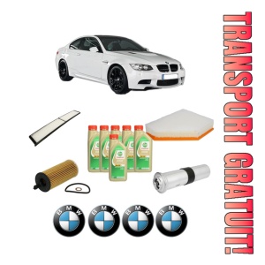Set Pachet filtre revizie Bosch, 6 litrii ulei Castrol 5W30 BMW Seria 3 Coupe (E92) 320 d din 2010-2013, 4x Stickere auto cu BMW