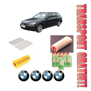 Set Pachet filtre revizie Bosch, 6 litrii ulei Castrol 5W30 BMW Seria 5 Touring (E61) 520 d din 2005-2007, 4x Stickere auto cu BMW
