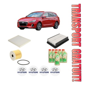 Set Pachet filtre revizie Bosch, 6 litrii ulei Castrol 5W30 HYUNDAI i30 Estate (PDE) 1.6 CRDi din 2018, 4x Stickere auto cu HYUNDAI