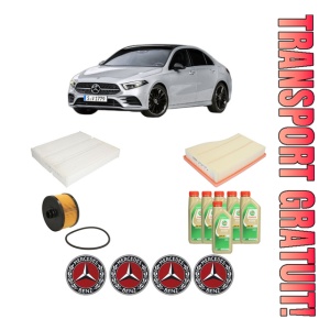 Set Pachet filtre revizie Bosch, 6 litrii ulei Castrol 5W30 MERCEDES-BENZ A-CLASS Saloon (V177) A 200 (177.187) din 2018, 4x Stickere auto cu MERCEDES-BENZ