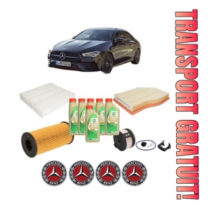 Set Pachet filtre revizie Bosch, 6 litrii ulei Castrol 5W30 MERCEDES-BENZ CLA (C118) CLA 180 d (118.303) din 2019, 4x Stickere auto cu MERCEDES-BENZ