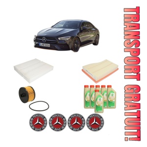 Set Pachet filtre revizie Bosch, 6 litrii ulei Castrol 5W30 MERCEDES-BENZ CLA (C118) CLA 200 (118.387) din 2019, 4x Stickere auto cu MERCEDES-BENZ
