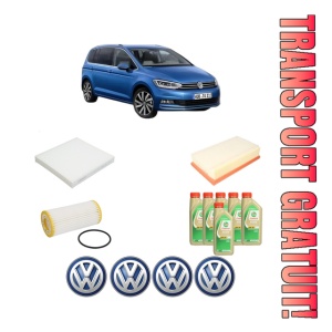 Set Pachet filtre revizie Bosch, 6 litrii ulei Castrol 5W30 Volkswagen TOURAN (5T1) 1.8 TSI din 2015-2018, 4x Stickere auto cu Volkswagen