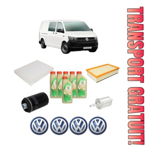 Set Pachet filtre revizie Bosch, 6 litrii ulei Castrol 5W30 Volkswagen TRANSPORTER T6 / CARAVELLE T6 Bus (SGB, SGJ, SHB, SHJ) 2.0 TSI din 2015-2019, 4x Stickere auto cu Volkswagen