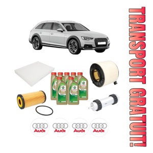 Set Pachet filtre revizie Bosch, 7 litrii ulei Castrol 0W20 AUDI A4 Allroad B9 (8WH, 8WJ) 3.0 TDI quattro din 2016-2018, 4x Stickere auto cu AUDI