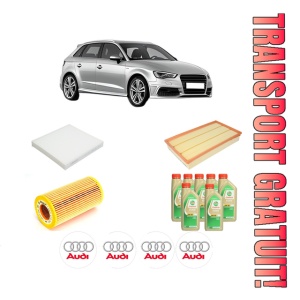 Set Pachet filtre revizie Bosch, 7 litrii ulei Castrol 5W30 AUDI A3 Sportback (8VA, 8VF) RS3 quattro din 2015-2016, 4x Stickere auto cu AUDI