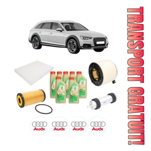 Set Pachet filtre revizie Bosch, 7 litrii ulei Castrol 5W30 AUDI A4 Allroad B9 (8WH, 8WJ) 50 TDI quattro din 2019, 4x Stickere auto cu AUDI