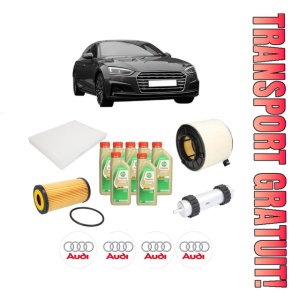 Set Pachet filtre revizie Bosch, 7 litrii ulei Castrol 5W30 AUDI A5 (F53, F5P) 3.0 TDI quattro din 2017, 4x Stickere auto cu AUDI