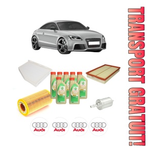 Set Pachet filtre revizie Bosch, 7 litrii ulei Castrol 5W30 AUDI TT (8J3) 2.5 RS quattro din 2011-2014, 4x Stickere auto cu AUDI