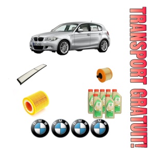 Set Pachet filtre revizie Bosch, 7 litrii ulei Castrol 5W30 BMW Seria 1 (E81) 130 i din 2006-2011, 4x Stickere auto cu BMW