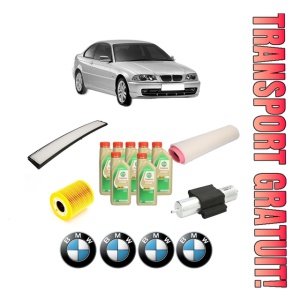 Set Pachet filtre revizie Bosch, 7 litrii ulei Castrol 5W30 BMW Seria 3 (E46) 330 d din 2003-2005, 4x Stickere auto cu BMW