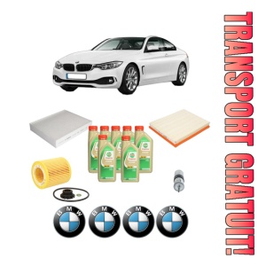 Set Pachet filtre revizie Bosch, 7 litrii ulei Castrol 5W30 BMW Seria 4 Coupe (F32, F82) 435 i xDrive din 2013-2016, 4x Stickere auto cu BMW