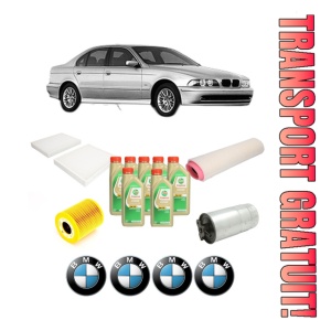 Set Pachet filtre revizie Bosch, 7 litrii ulei Castrol 5W30 BMW Seria 5 (E39) 525 d din 2000-2003, 4x Stickere auto cu BMW