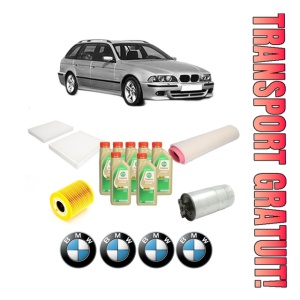 Set Pachet filtre revizie Bosch, 7 litrii ulei Castrol 5W30 BMW Seria 5 Touring (E39) 530 d din 2000-2004, 4x Stickere auto cu BMW