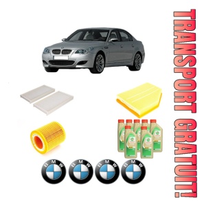 Set Pachet filtre revizie Bosch, 7 litrii ulei Castrol 5W30 BMW Seria 5 (E60) 530 xi din 2004-2007, 4x Stickere auto cu BMW