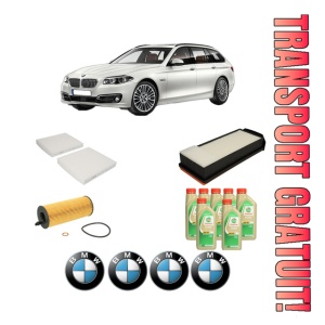 Set Pachet filtre revizie Bosch, 7 litrii ulei Castrol 5W30 BMW Seria 5 Touring (F11) M 550 d xDrive din 2012-2017, 4x Stickere auto cu BMW