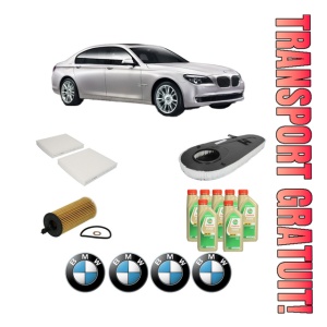 Set Pachet filtre revizie Bosch, 7 litrii ulei Castrol 5W30 BMW Seria 7 (F01, F02, F03, F04) 730 d din 2008-2012, 4x Stickere auto cu BMW
