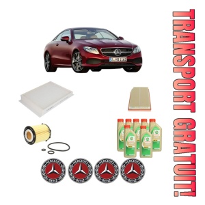 Set Pachet filtre revizie Bosch, 7 litrii ulei Castrol 5W30 MERCEDES-BENZ E-CLASS Coupe (C238) E 300 (238.383) din 2018, 4x Stickere auto cu MERCEDES-BENZ