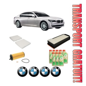 Set Pachet filtre revizie Bosch, 8 litrii ulei Castrol 5W30 BMW Seria 7 (F01, F02, F03, F04) 750 d xDrive din 2012-2015, 4x Stickere auto cu BMW