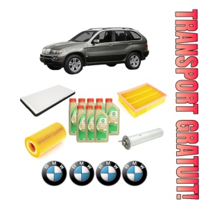 Set Pachet filtre revizie Bosch, 8 litrii ulei Castrol 5W30 BMW Seria X5 (E53) 4.6 is din 2001-2003, 4x Stickere auto cu BMW