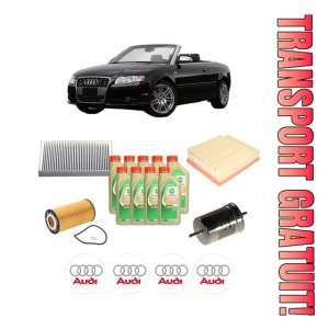 Set Pachet filtre revizie Bosch, 9 litrii ulei Castrol 5W30 AUDI A4 B7 Convertible (8HE) S4 quattro din 2005-2009, 4x Stickere auto cu AUDI
