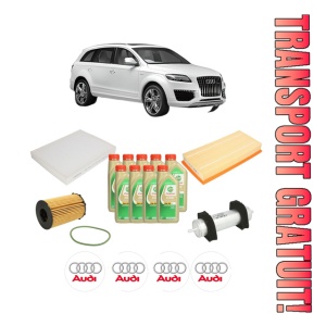 Set Pachet filtre revizie Bosch, 9 litrii ulei Castrol 5W30 AUDI Q7 (4LB) 3.0 TDI quattro din 2011-2015, 4x Stickere auto cu AUDI