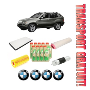 Set Pachet filtre revizie Bosch, 9 litrii ulei Castrol 5W30 BMW Seria X5 (E53) 3.0 d din 2003-2006, 4x Stickere auto cu BMW