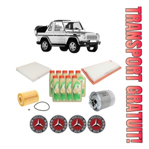 Set Pachet filtre revizie Bosch, 9 litrii ulei Castrol 5W30 MERCEDES-BENZ G-CLASS Cabrio (W463) G 320 CDI (463.303) din 2006-2012, 4x Stickere auto cu MERCEDES-BENZ