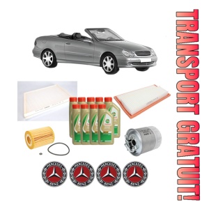 Set Pachet filtre revizie Bosch, 9 litrii ulei Castrol 5W40 MERCEDES-BENZ CLK Convertible (A209) CLK 320 CDI (209.420) din 2005-2010, 4x Stickere auto cu MERCEDES-BENZ