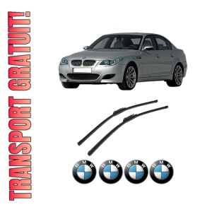 Set stergatoare auto BMW Seria 5 (E60) din 2001-2010, pentru parbriz auto, 2 bucati, Bosch Aerotwin, din cauciuc siliconat rezistent, 4 Stickere Auto BMW Seria