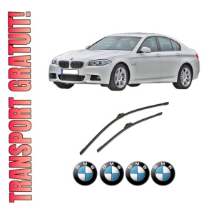 Set stergatoare auto BMW Seria 5 (F10) din 2009-2016, pentru parbriz auto, 2 bucati, Bosch Aerotwin, din cauciuc siliconat rezistent, 4 Stickere Auto BMW Seria