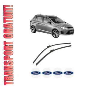 Set stergatoare auto FORD GRAND C-MAX (DXA/CB7, DXA/CEU) din 2010-2019, pentru parbriz auto, 2 bucati, Bosch Aerotwin, din cauciuc siliconat rezistent, 4 Stickere Auto FORD