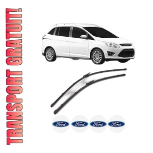 Set stergatoare FORD GRAND C-MAX Van din 2010-2019, pentru parbriz auto, 2 bucati, Valeo Silencio Xtrm, din cauciuc siliconat rezistent, 4 Stickere Auto FORD