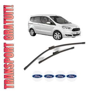 Set stergatoare FORD TOURNEO COURIER B460 MPV din 2014-2023, pentru parbriz auto, 2 bucati, Bosch Aerotwin, din cauciuc siliconat rezistent, 4 Stickere Auto FORD