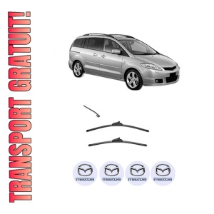 Set stergatoare MAZDA 5 (CR) din 2005-2010, pentru parbriz auto, 2 bucati, Valeo Silencio, din cauciuc siliconat rezistent, 4 Stickere Auto MAZDA