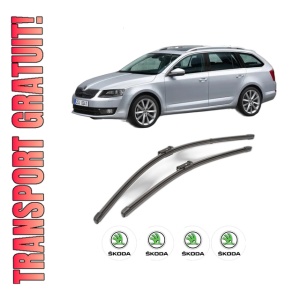 Set stergatoare SKODA Octavia III Combi (5E5, 5E6) din 2012-2020, pentru parbriz auto, 2 bucati, Valeo Silencio Xtrm, din cauciuc siliconat rezistent, 4 Stickere Auto SKODA