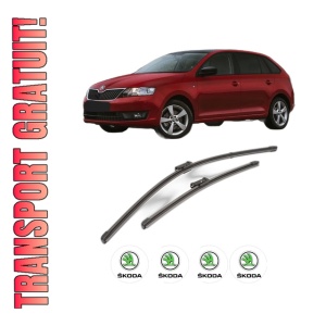 Set stergatoare SKODA RAPID Spaceback (NH1) din 2012-2019, pentru parbriz auto, 2 bucati, Valeo Silencio Xtrm, din cauciuc siliconat rezistent, 4 Stickere Auto SKODA