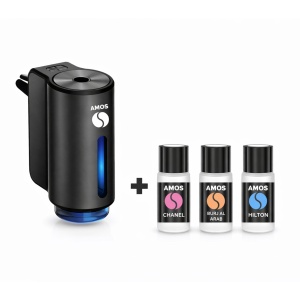 Difuzor parfum auto AMOS Mini Negru, 3 rezerve parfum, odorizant inteligent, arome intense, 3 trepte intensitate