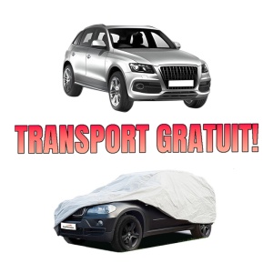 Husa tip prelata auto AUDI Q5 Van (8RB) din 2008-2017, Culoare Gri, material textil impermeabil, rezistanta la intemperii praf UV, CARPASSION Husa Protectie, 4 Stickere auto cu AUDI