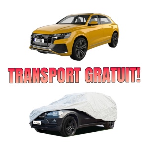 Husa tip prelata auto AUDI Q8 (4MN, 4MT) din 2018-2020, Culoare Gri, material textil impermeabil, rezistanta la intemperii praf UV, CARPASSION Husa Protectie, 4 Stickere auto cu AUDI