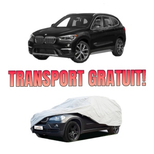 Husa tip prelata auto BMW X1 (F48) din 2014-2022, Culoare Gri, material textil impermeabil, rezistanta la intemperii praf UV, CARPASSION Husa Protectie, 4 Stickere auto cu BMW