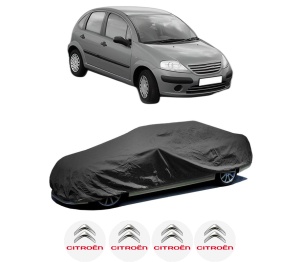 Husa tip prelata auto CITROEN C3 I (FC_, FN_) din 2002-2012, Culoare Negru, material textil impermeabil, rezistanta la intemperii praf UV, CARPASSION Husa Protectie, 4 Stickere auto cu CITROEN - Img 2