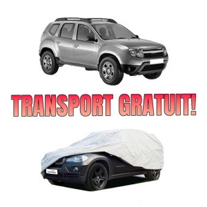 Husa tip prelata auto DACIA DUSTER (HS_) din 2010-2018, Culoare Gri, material textil impermeabil, rezistanta la intemperii praf UV, CARPASSION Husa Protectie, 4 Stickere auto cu DACIA