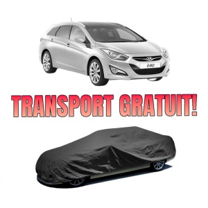 Husa tip prelata auto HYUNDAI i40 I CW (VF) din 2011-2019, Culoare Negru, material textil impermeabil, rezistanta la intemperii praf UV, CARPASSION Husa Protectie, 4 Stickere auto cu HYUNDAI
