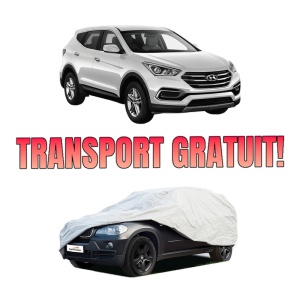 Husa tip prelata auto HYUNDAI SANTA FE IV (TM, TMA) din 2018-2022, Culoare Gri, material textil impermeabil, rezistanta la intemperii praf UV, CARPASSION Husa Protectie, 4 Stickere auto cu HYUNDAI